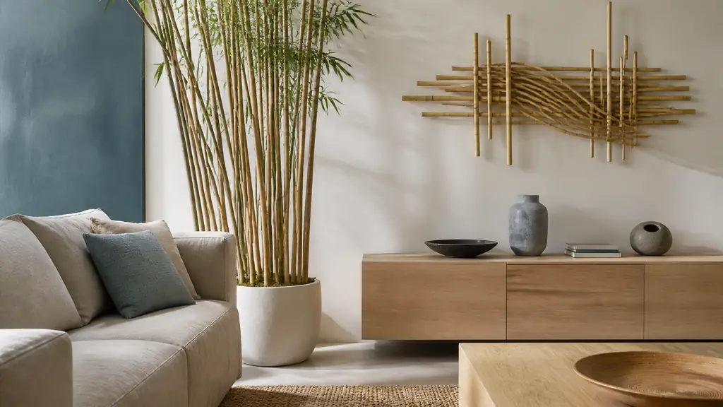 Editorial photograph of a contemporary living room corner with tall bamboo canes beside a linen sofa, a light wood low cabinet, and a sculptural bamboo wall decoration above it, no text, no logo