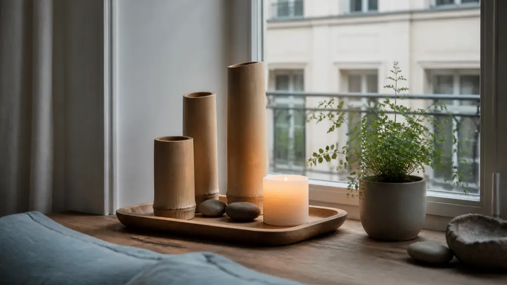 Editorial photograph of a serene windowsill arrangement featuring three small bamboo vases on a wooden tray, smooth pebbles, a warm LED candle, and a compact green plant, no text, no logo