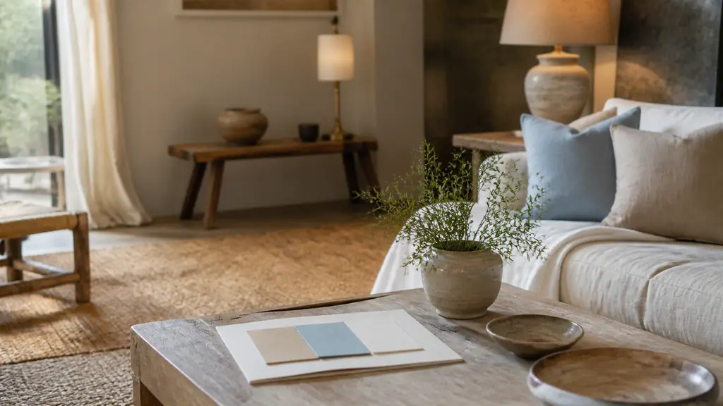 Editorial photograph of a contemporary living room personalized with a bohemian natural-fiber rug, a vintage table lamp and three color swatches arranged on a mood board, soft natural window light, no text, no logo