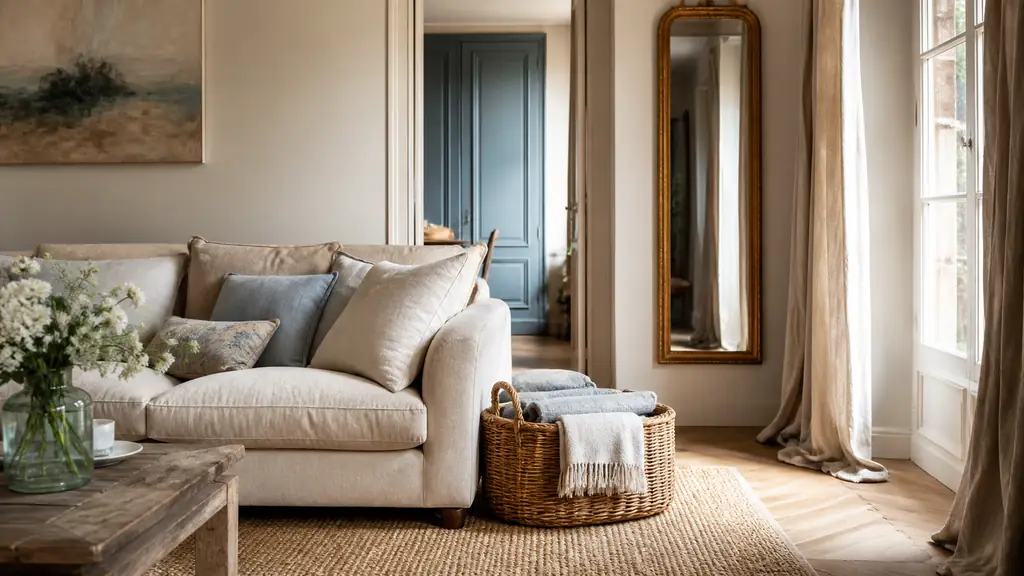 Editorial photograph of a cozy living room with a wall mirror placed perpendicular to a window, a large jute rug under the front feet of the sofa, and a woven storage basket holding folded throws, soft natural light, no text, no logo