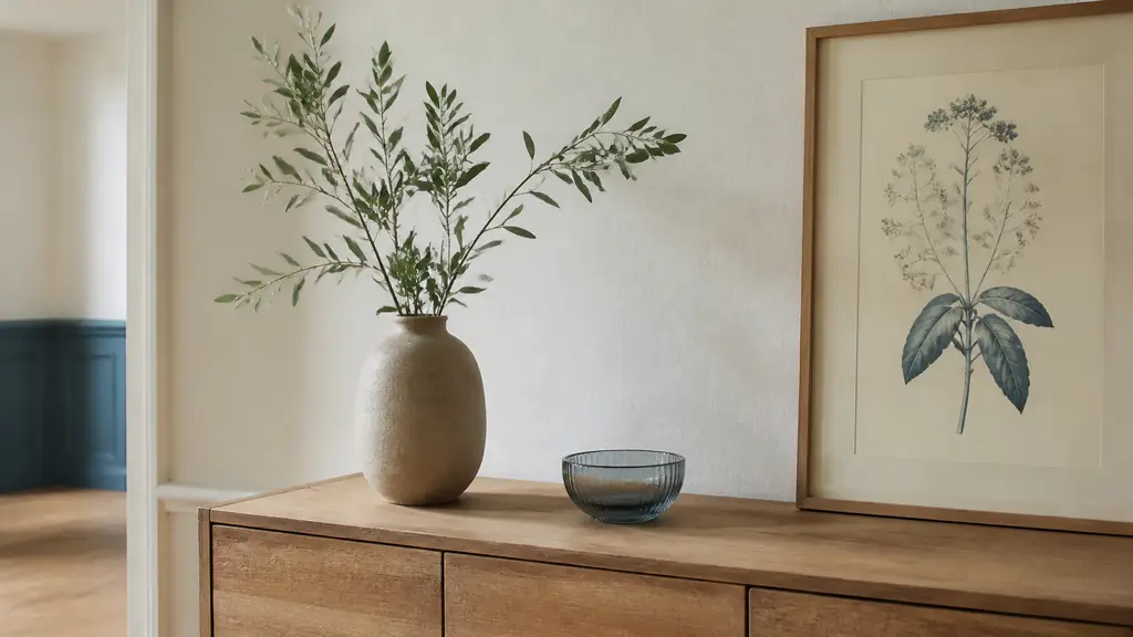 Editorial interior photograph of a wooden sideboard styled with a ceramic vase, a smoked glass trinket dish and a framed botanical print, softly lit, no text, no logo