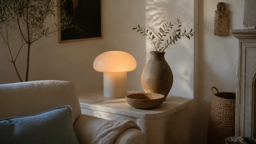 Editorial photograph of a cozy living room corner featuring a rounded lamp, a handmade ceramic vase and a woven natural-fiber basket, warm earthy tones, no text, no logo