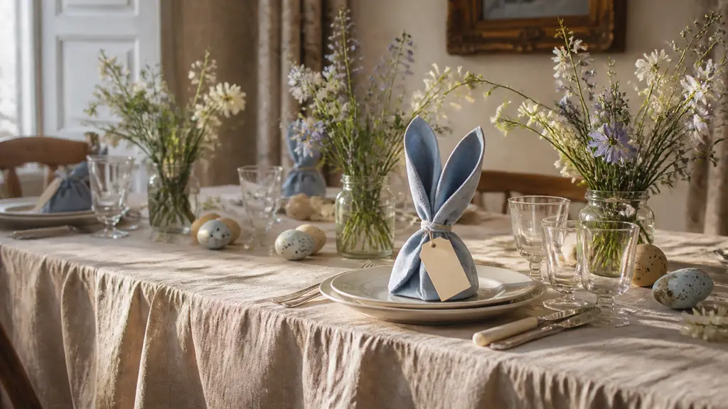 Editorial photograph of an Easter dining table with a handmade pleated tablecloth, a bunny-folded napkin with a name tag, and low jars of wildflowers surrounded by speckled decorative eggs, no text, no logo