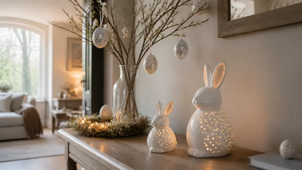 Editorial photograph of two glowing ceramic Easter rabbits on a wooden console beside a pre-lit spring wreath and a glass vase holding floral hanging eggs, no text, no logo