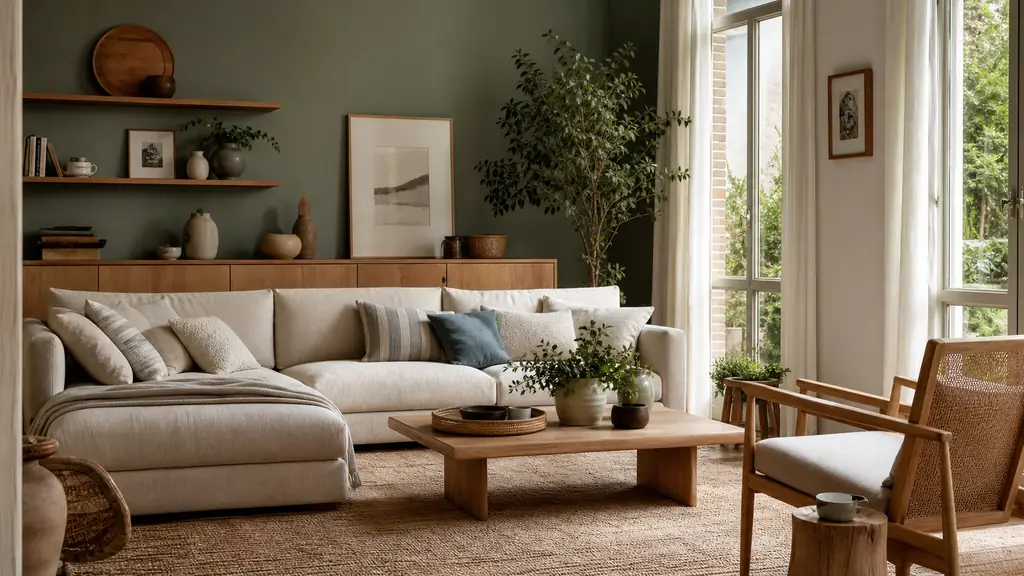 editorial interior photo of a calm living room with sage green accent wall, soft natural light, light wood furniture, linen textiles, indoor plants, cozy and serene atmosphere, no text, no logo