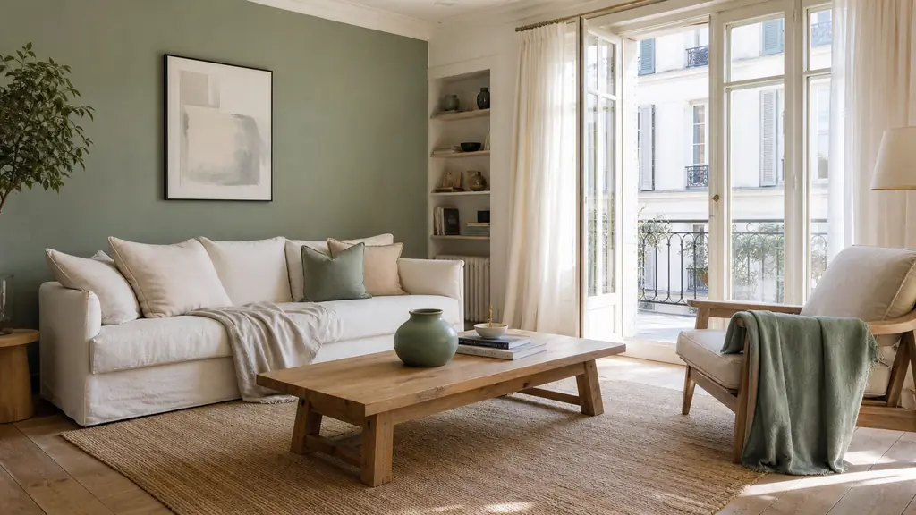 editorial photo of a bright living room with one sage green accent wall, white and beige decor, light wood furniture, three simple accessories echoing the green tone, weekend DIY feel, natural daylight, no text, no logo
