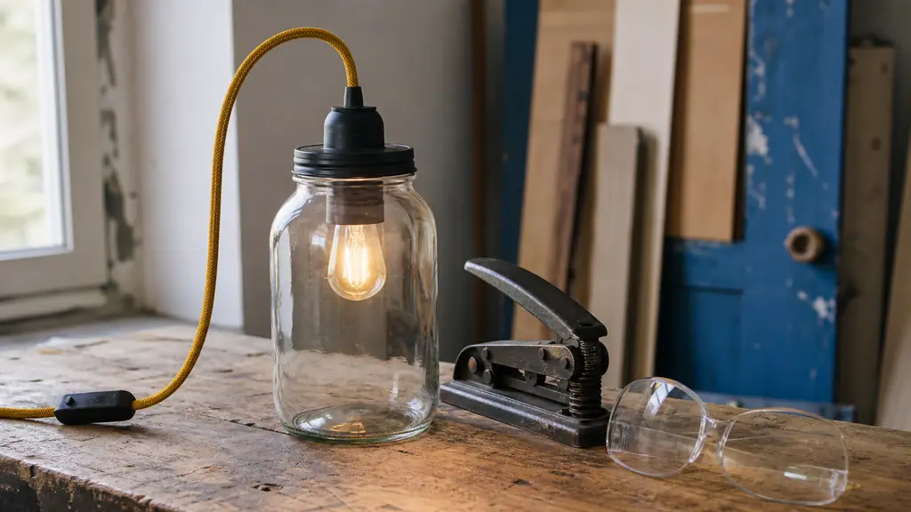 Editorial close-up of a recycled one-liter glass jar pendant lamp with a mustard yellow textile cord and black E27 socket, beside a metal hole punch and safety glasses on a wooden workbench, warm natural light, no text, no logo