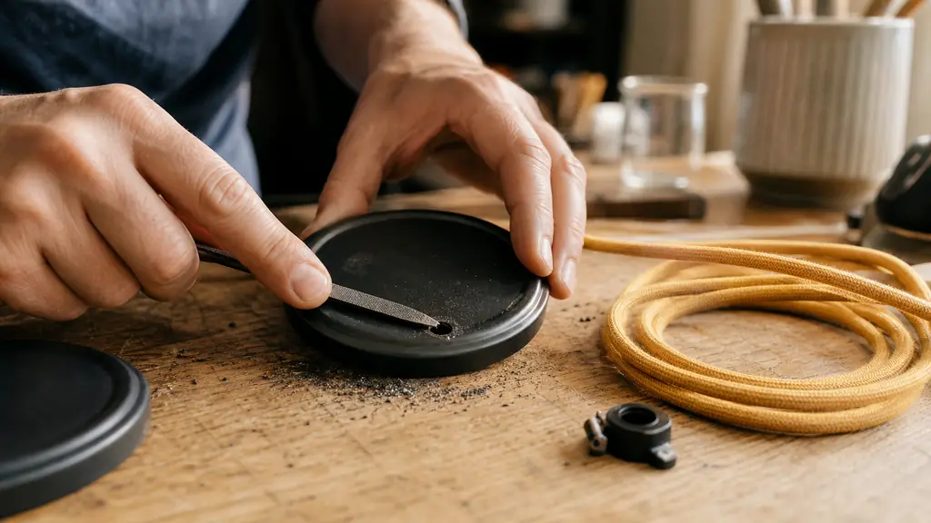 Close-up of hands filing the freshly punched hole in a black painted metal jar lid, with a mustard textile cord and strain relief ready for assembly on a wooden workbench, warm editorial photography, no text, no logo