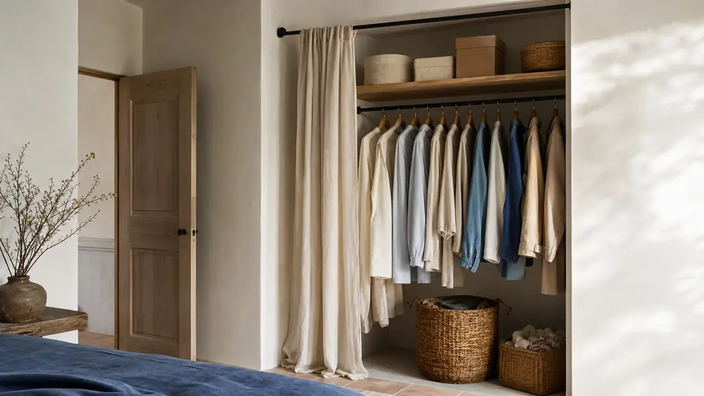 editorial photo of a small DIY bedroom closet made from a wall niche, with a cream curtain on a black metal rod, a wooden shelf with storage boxes above hanging clothes, woven baskets on the floor, soft natural light, no text, no logo