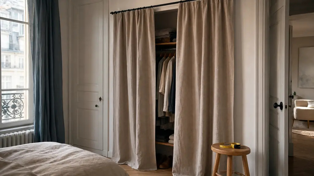 editorial photo of a small bedroom DIY closet with two beige linen-look curtain panels sized to brush the floor, a black rod above a 140 cm opening, a measuring tape on a light wood stool, soft natural morning light, no text, no logo