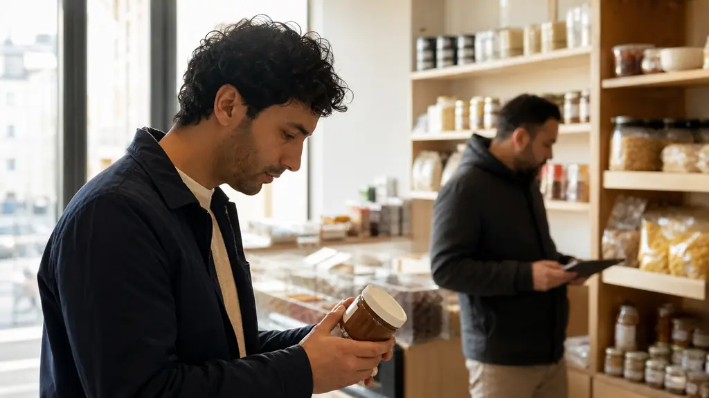Editorial photograph inside a small Maghrebi grocery store in France, a customer examining the intact seal and date on a jar of hazelnut cream while the shopkeeper checks a restock list, warm natural light, no visible text or logos