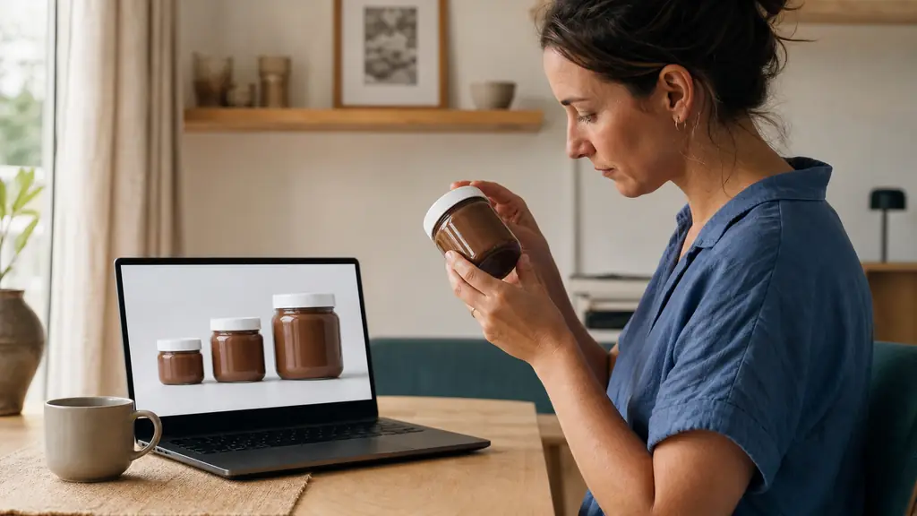 Editorial photograph of a shopper comparing three online listings for 200 g, 350 g and 700 g hazelnut cream jars on a laptop, while checking the seal and date on a real jar, warm home setting, no visible text or logos