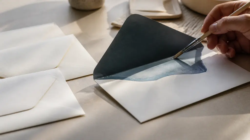 Close-up editorial photograph of white 90 gsm DL envelopes beside a 200 gsm creative envelope, with a semi-matte satin paper liner being glued inside, soft natural light, no text, no logo