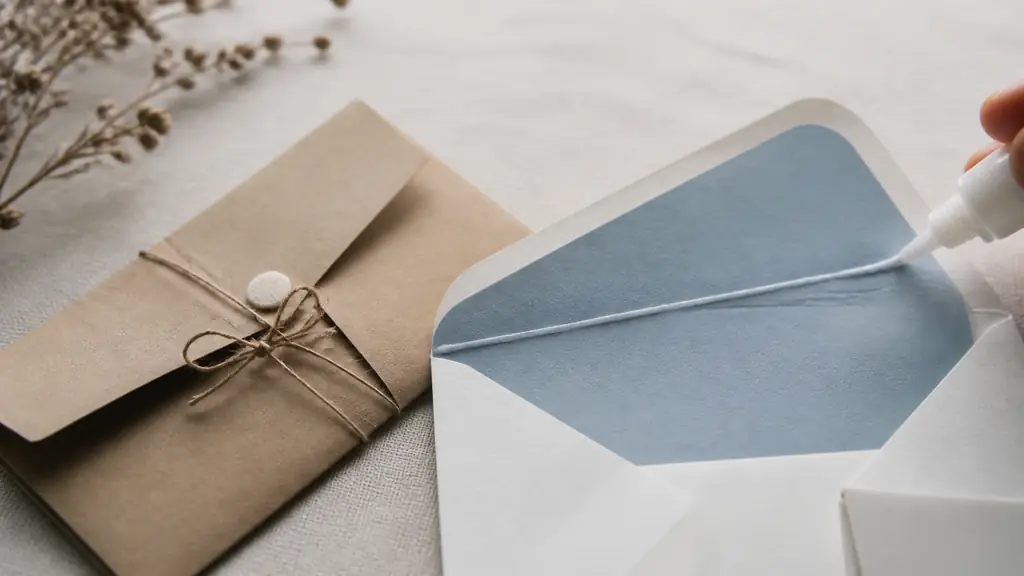 Editorial close-up photograph of a white DL envelope with a semi-matte colored paper liner being glued at the top, beside a kraft envelope tied with jute string and a small velcro closure, soft natural light, no text, no logo