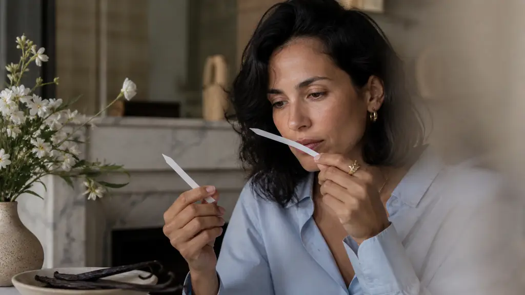 editorial close-up of a person testing two perfume blotters beside vanilla pods and jasmine flowers, soft natural light, no text, no logo