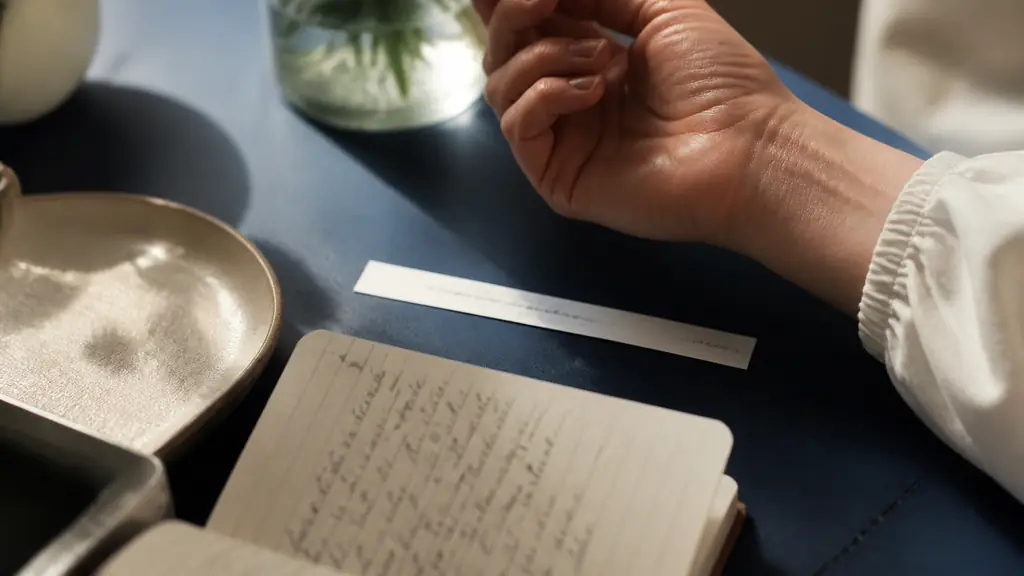 editorial close-up of a perfume blotter labeled by hand beside a wrist test and a small open notebook, soft natural light, no text overlay, no logo