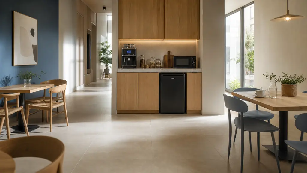 editorial photo of a modern office cafeteria corner with a coffee machine and microwave on one countertop, a small under-counter fridge, two clearly separated dining tables, a wide uncluttered central walkway, warm natural light, no text, no logo>
