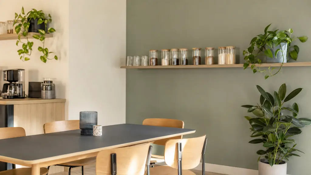 editorial photo of a small office cafeteria with light wood chairs, a matte laminate table, a sage green accent wall, neatly aligned glass jars for tea and sugar on a wall shelf, two easy-care green plants, warm natural light, no text, no logo