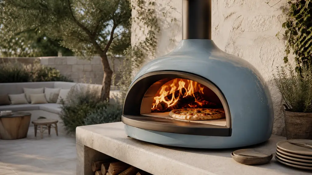 Editorial outdoor garden scene featuring an enamelled steel Vulcano-style pizza oven with an open hearth, bright wood flames, and a pizza cooking on a refractory stone, no text, no logo
