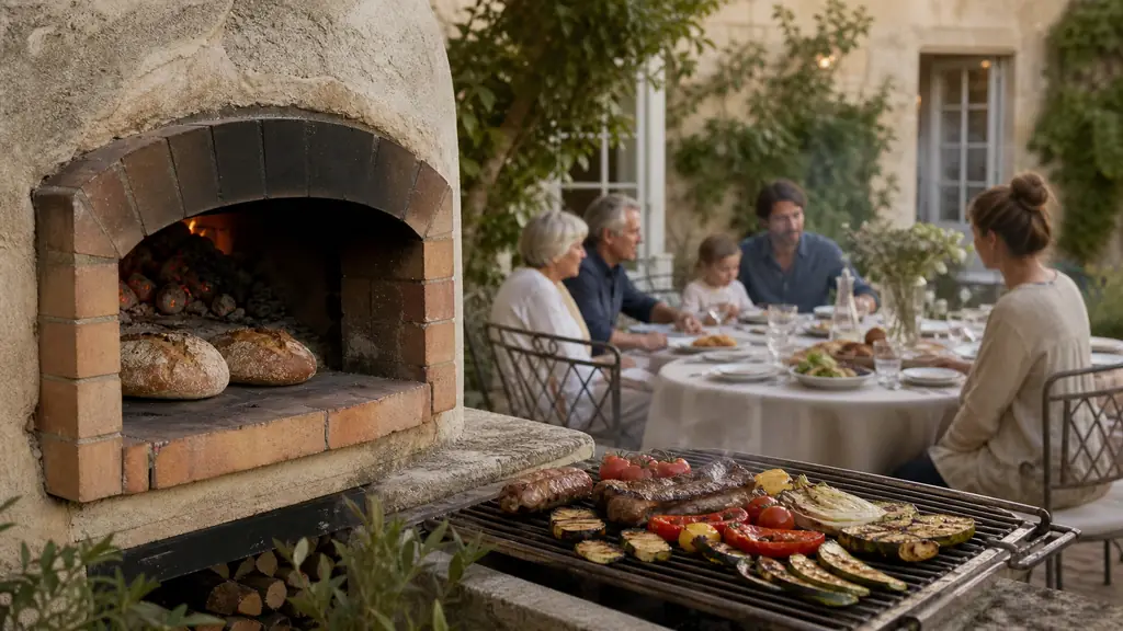 Editorial outdoor dining scene with rustic bread baking on a refractory stone, vegetables and meat roasting on a metal cooking grid, and a family table set beside the oven, no text, no logo