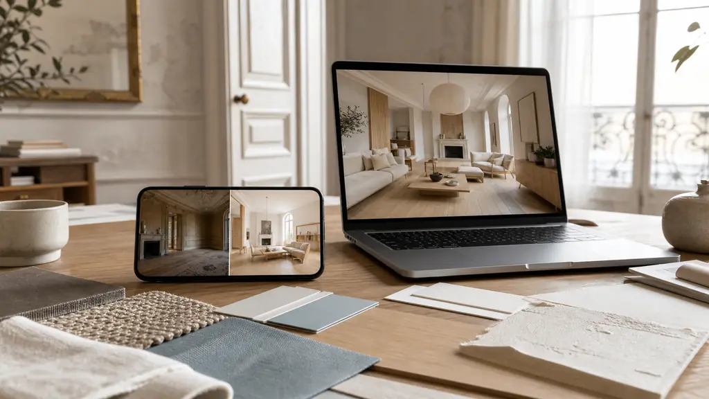 Bright home office with a smartphone displaying a side-by-side Japandi room makeover, a laptop showing a photorealistic CAD interior render, and Scandinavian color swatches on the desk, editorial photography, no text, no logo