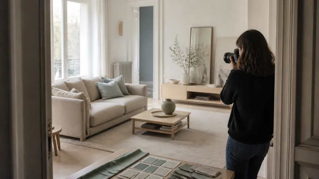 Person photographing a bright living room from the doorway, with a beige sofa, light wood furniture and sage green color swatches visible, editorial interior photography, no text, no logo