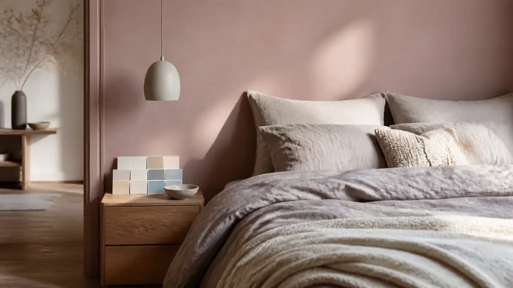 Editorial bedroom with a powder pink accent wall, taupe bed linen and a cream throw, paint swatches placed on a wooden bedside table, soft natural morning light, no text, no logo
