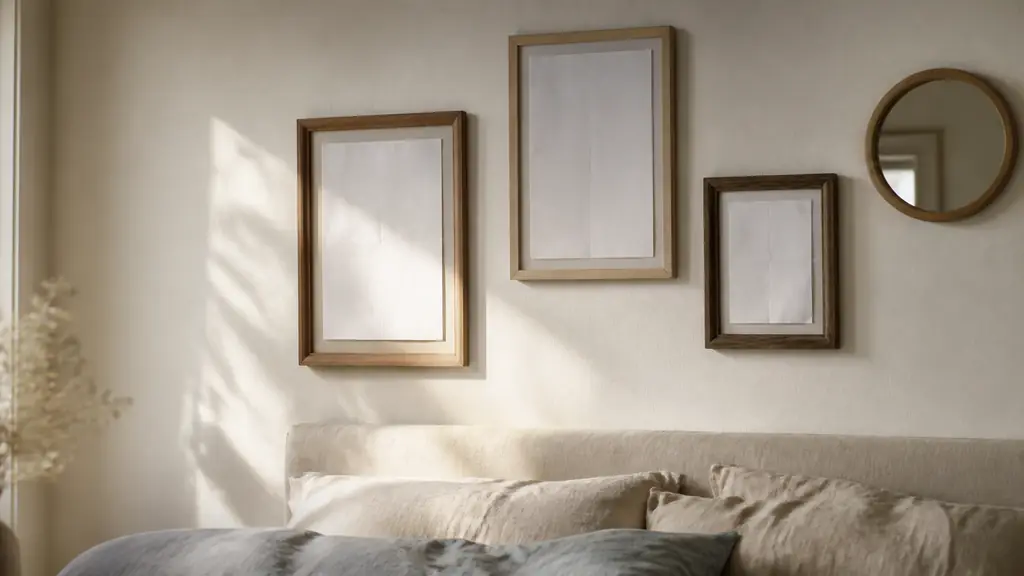 Editorial close-up of a bedroom wall above the bed with three mismatched wooden frames, paper templates being arranged for a gallery composition, and a small round mirror, soft natural light, no text, no logo