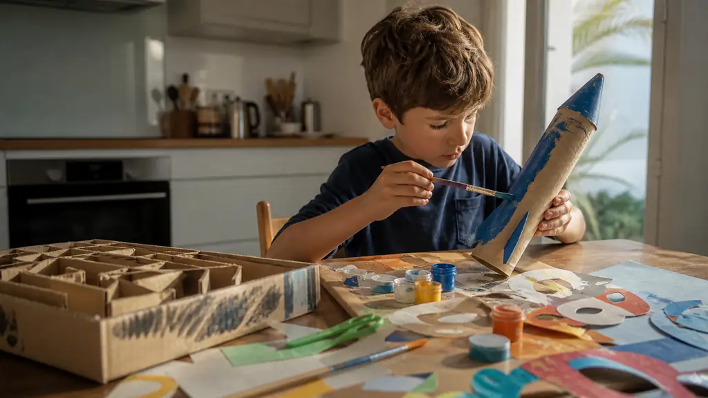 child painting a cardboard roll rocket beside a handmade cardboard maze and colorful paper masks on a kitchen table, warm editorial photography, no text, no logo