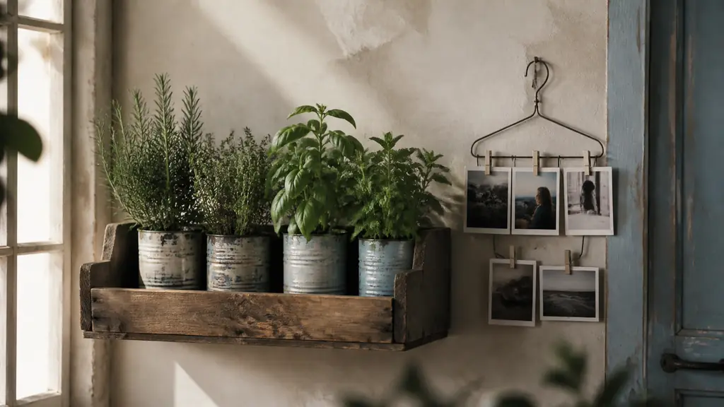 painted tin cans used as herb pots beside a fruit crate wall shelf and an old hanger displaying photographs, warm editorial interior photography, no text, no logo