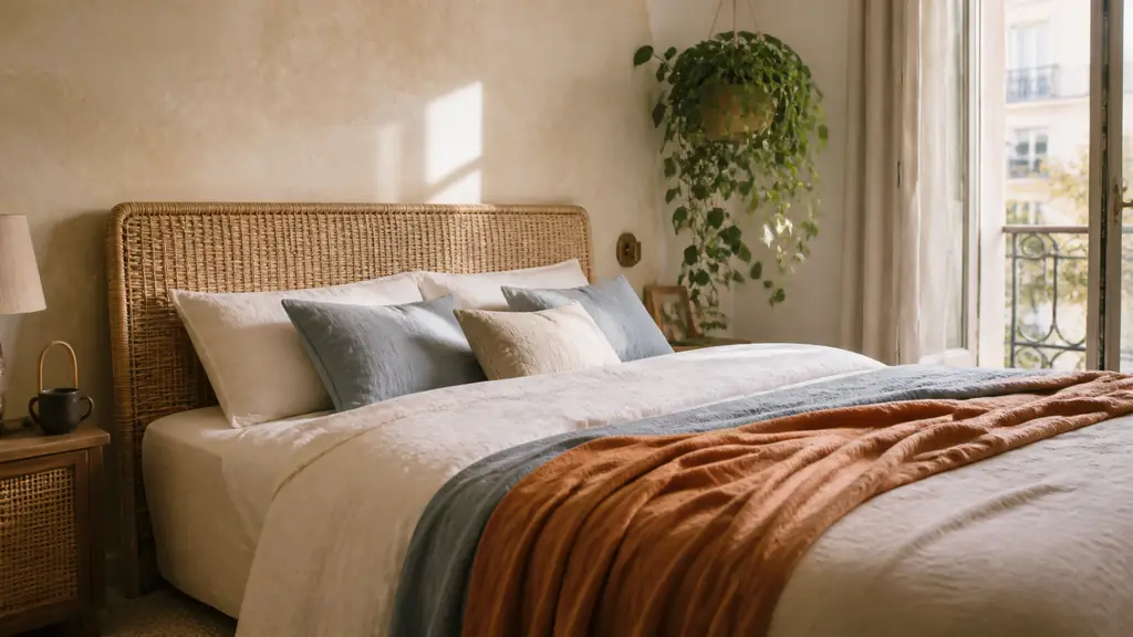 editorial bedroom featuring a rattan headboard, terracotta linen throw and hanging green plant, warm natural light, no text, no logo