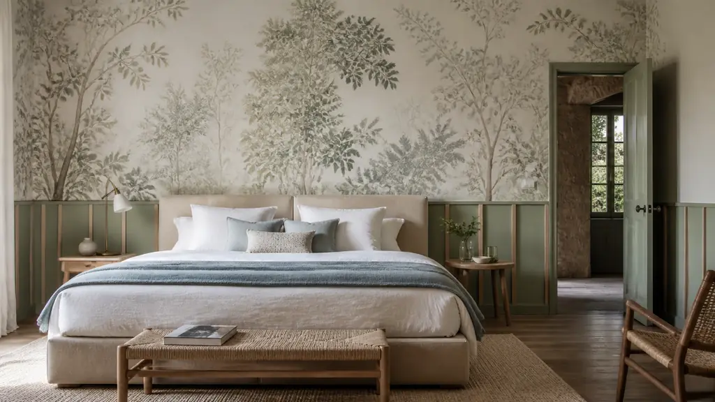 editorial bedroom with a botanical panoramic wallpaper behind the bed, sage green painted wainscoting and slim natural wood battens, soft daylight, no text, no logo