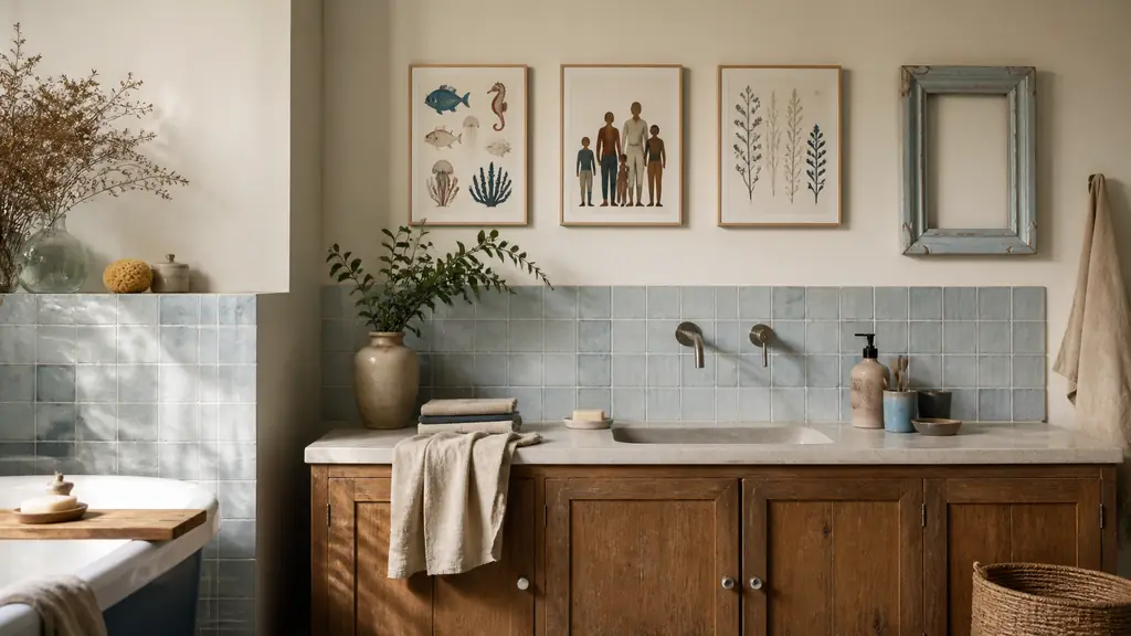 editorial bathroom scene with three framed prints featuring colorful sea animals, a stylized family silhouette and botanical motifs, beside a repainted vintage frame, no text, no logo