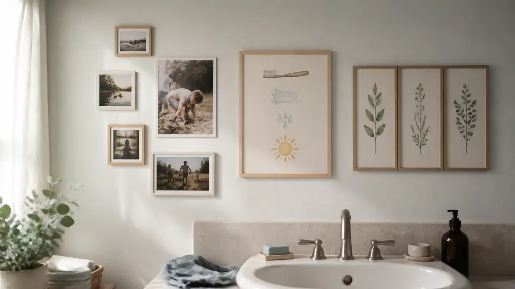 editorial bathroom wall featuring a family photo mosaic, a hand-drawn morning routine print with toothbrush and soap icons, and a small botanical triptych, no text, no logo