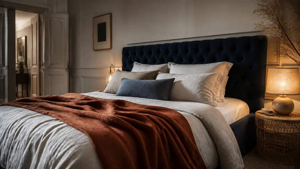 Editorial bedroom featuring a deep blue velvet tufted headboard, a terracotta wool throw on the bed, and a rattan bedside table with a warm glowing lamp, no text, no logo