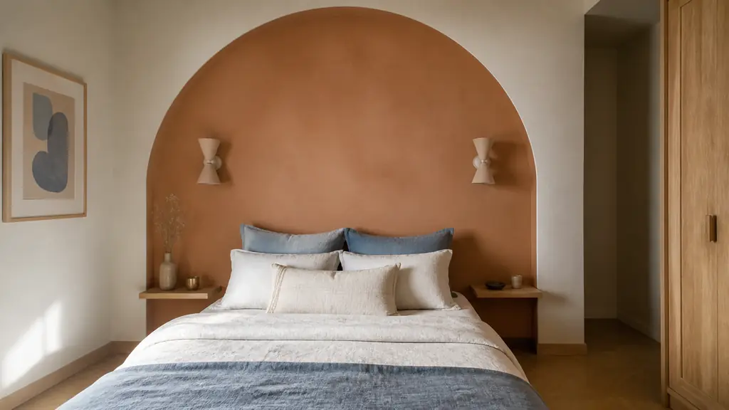 Editorial small bedroom with a terracotta painted arch behind the bed, two slim floating bedside shelves, and compact wall sconces, no text, no logo