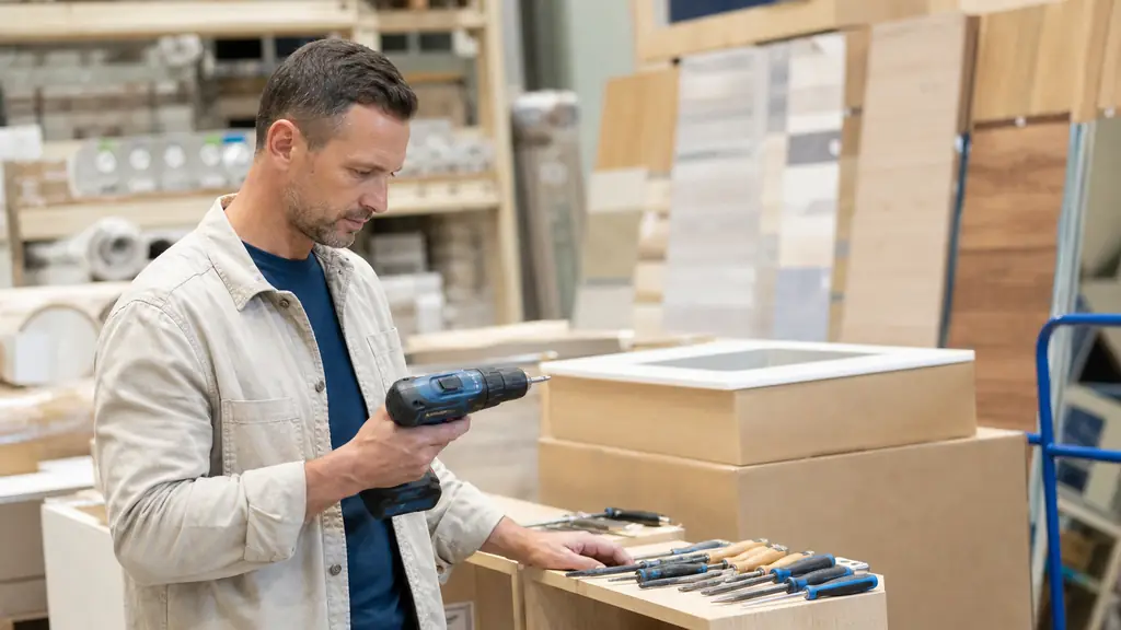 A home DIY enthusiast comparing a cordless drill and hand tools beside paint rollers, wood flooring samples and a boxed bathroom vanity in an organized hardware aisle, natural editorial photography, no text, no logo