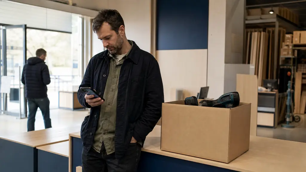 A DIY shopper checking store hours and local stock on a smartphone beside a reserved box of power tools at a hardware store pickup counter, natural editorial photography, no text, no logo