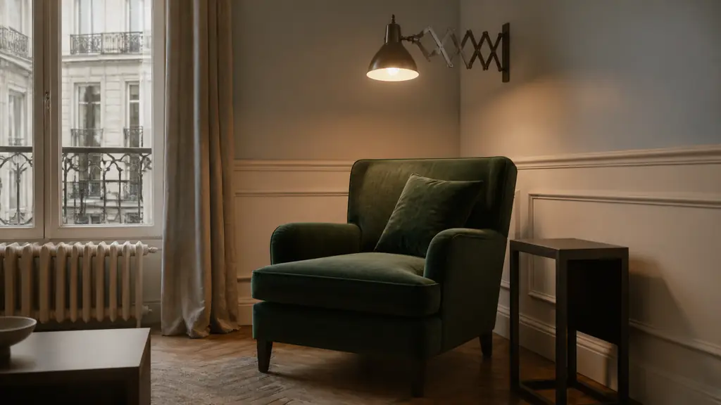 Editorial interior photograph of a cozy reading corner with a wall-mounted scissor lamp extended above a green armchair, a narrow bedside-style table left completely clear, warm focused light and no visible text or logo