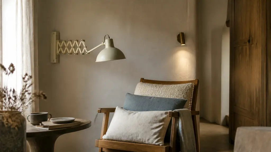 Editorial interior photograph of a cream scissor wall lamp extended above a wooden reading chair, paired with a brass wall spotlight and warm textured cushions, no visible text or logo