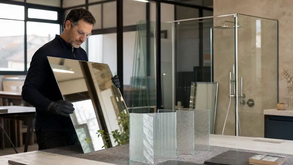 Editorial photograph of a glazier handling a custom-cut mirror beside samples of frosted decorative glass and a treated frameless shower panel, no visible text or logos