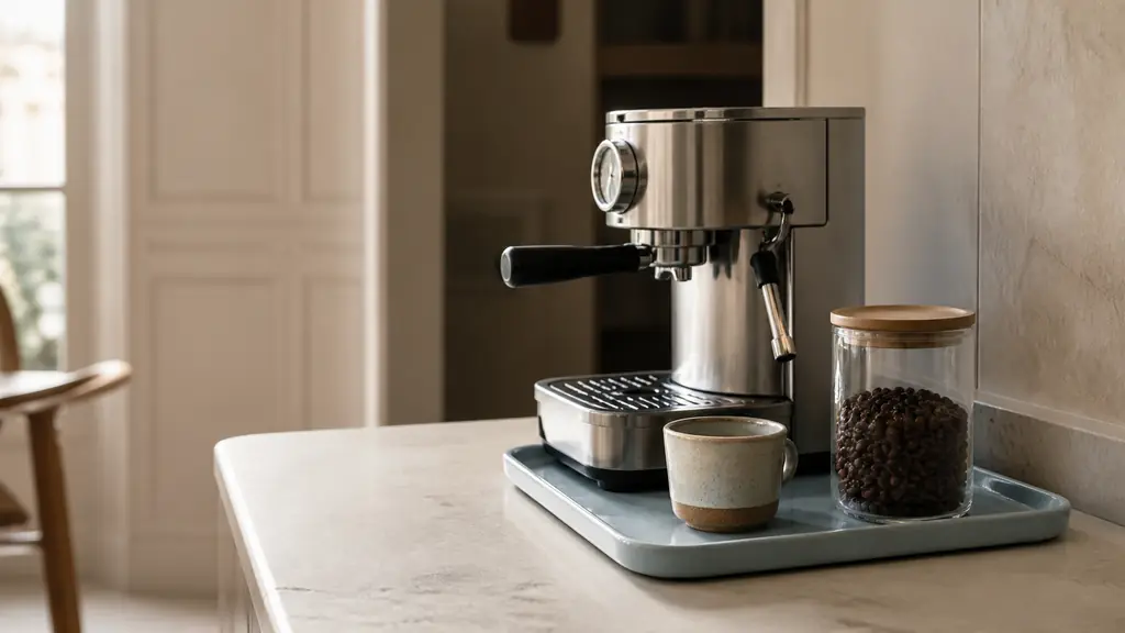 Editorial photograph of a home coffee corner with a stainless steel espresso machine, one ceramic cup, a glass jar of coffee beans and a washable tray on a compact kitchen countertop, no text, no logo