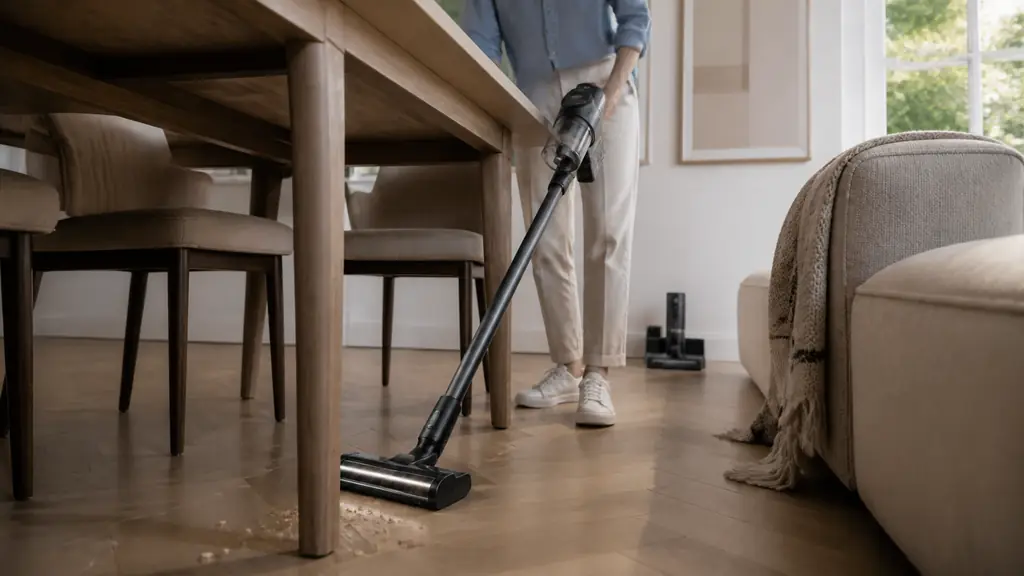 Editorial photograph of a lightweight cordless vacuum cleaning crumbs beneath a dining table beside a low sofa, with a removable floor brush and compact charging station visible, no text, no logo