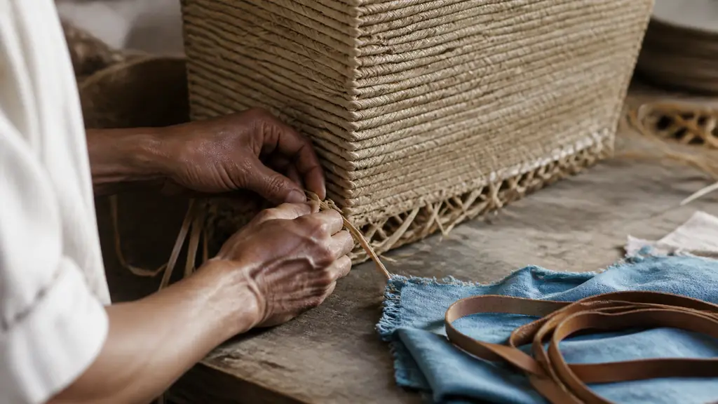 close-up editorial photograph of Malagasy artisan hands weaving natural raffia fibers around a rectangular basket base, with dyed rabane fabric and leather handles nearby, no text, no logo
