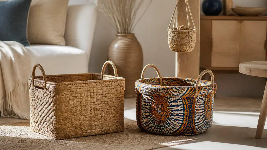 editorial photograph of a natural woven shopping basket with reinforced corners beside a colorful Wax-inspired lined basket, with a small hanging spice basket in a warm bohemian living room, no text, no logo