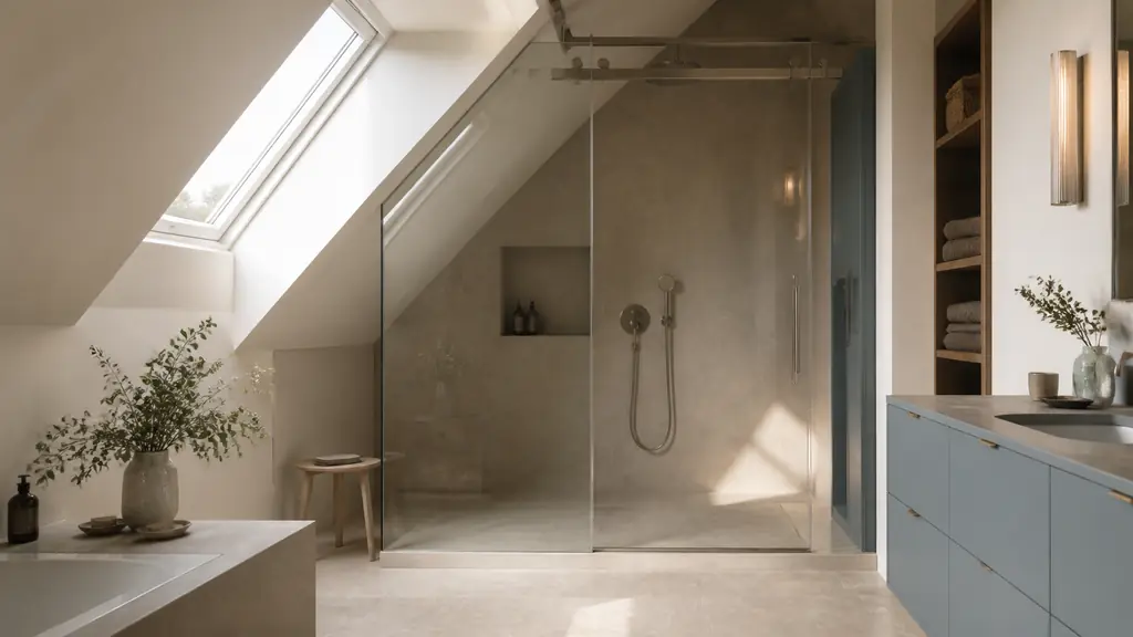 editorial photograph of a compact attic bathroom with a cut-corner fixed glass shower panel, a sliding glass door and a flush embedded shower tray, natural light, no text, no logo
