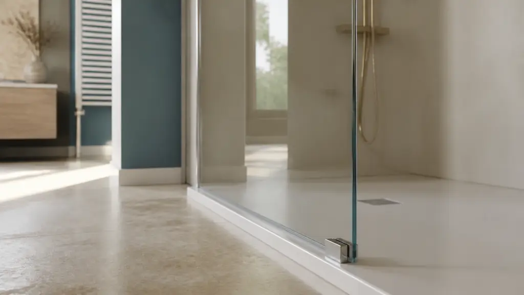 editorial close-up photograph of a transparent tempered glass shower panel with a slim aluminum profile, polished finishing caps and a neat translucent silicone seal along an embedded shower tray, no text, no logo