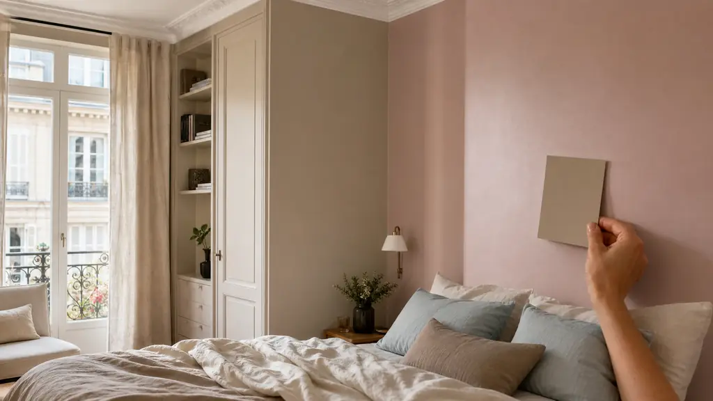 editorial photo of a bright French apartment bedroom corner with one soft taupe wall, a blush pink headboard accent wall, satin paint catching window light, cream linen bedding and a small paint sample card held near the wall, no text, no logo