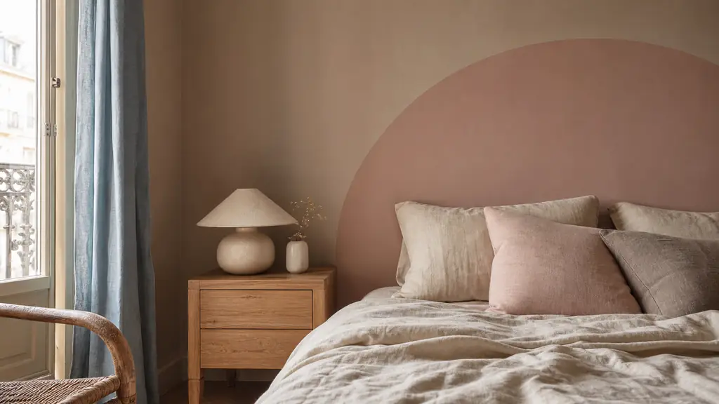 editorial photo of a cozy bedroom corner with a blush pink arched painted headboard on a taupe wall, cream linen bedding, a light wood bedside table with a beige ceramic lamp, and two blush and taupe cushions, no text, no logo