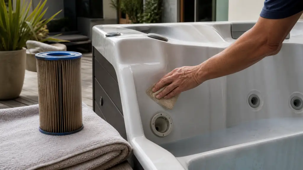 Close-up editorial photograph of a person cleaning the waterline of a rigid outdoor spa, with a removed filter cartridge drying nearby and an open drain fitting visible, no text, no logo